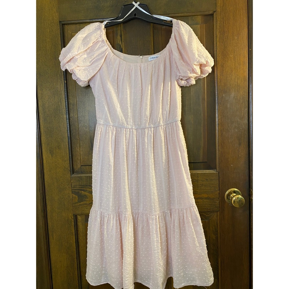 Calvin Klein Pink Swiss Dot Cotton Puff Sleeve Tiered Dress Size 4